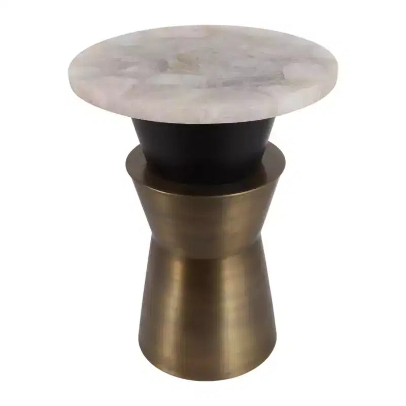 Table d'appoint et de bout ronde décorative pour petits espaces - Plateau en agate avec base en métal pour la décoration du salon et de la chambre - 20, doré et blanc