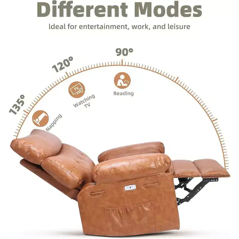 Fauteuil inclinable manuel surdimensionné Acekool, fauteuil de salon en similicuir avec accoudoirs rembourrés, siège large et poche latérale pour salon, chambre, marron