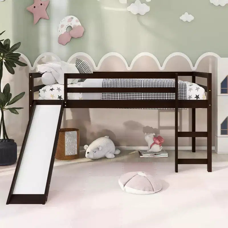 Lit mezzanine bas Whisen de 79,5L x 41,8l, élégant, de taille double, avec échelle intégrée et toboggan, conception multifonctionnelle