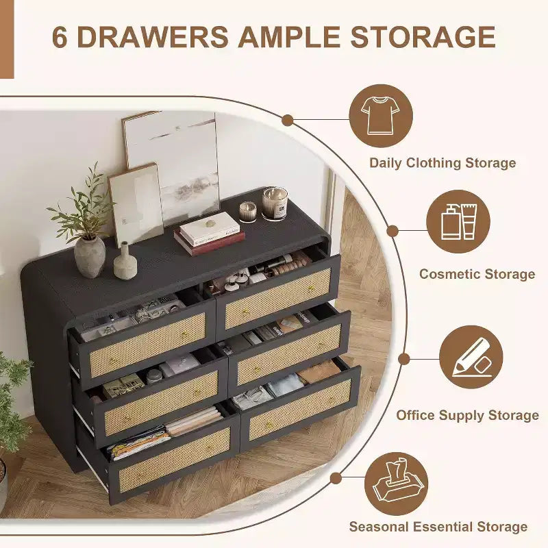 Commode à 6 tiroirs en rotin Acekool, commode moderne pour chambre à coucher, salon et couloir