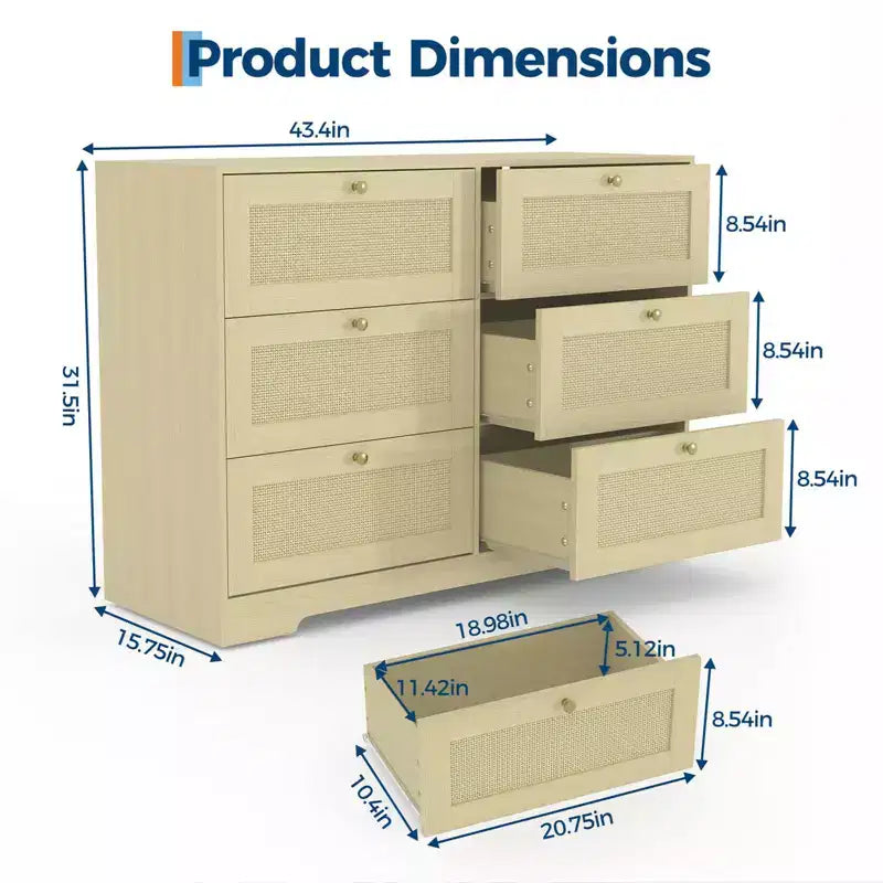 Commode 8 tiroirs CuisinSmart, armoire de rangement en rotin avec cadre en MDF, commode pour chambre à coucher, salon, entrée