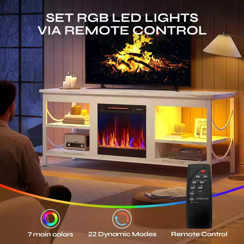 Meuble TV Pinmoco de 55 pouces avec cheminée électrique, centre de divertissement de jeu avec lumières LED et étagères, convient aux téléviseurs jusqu'à 65 pouces