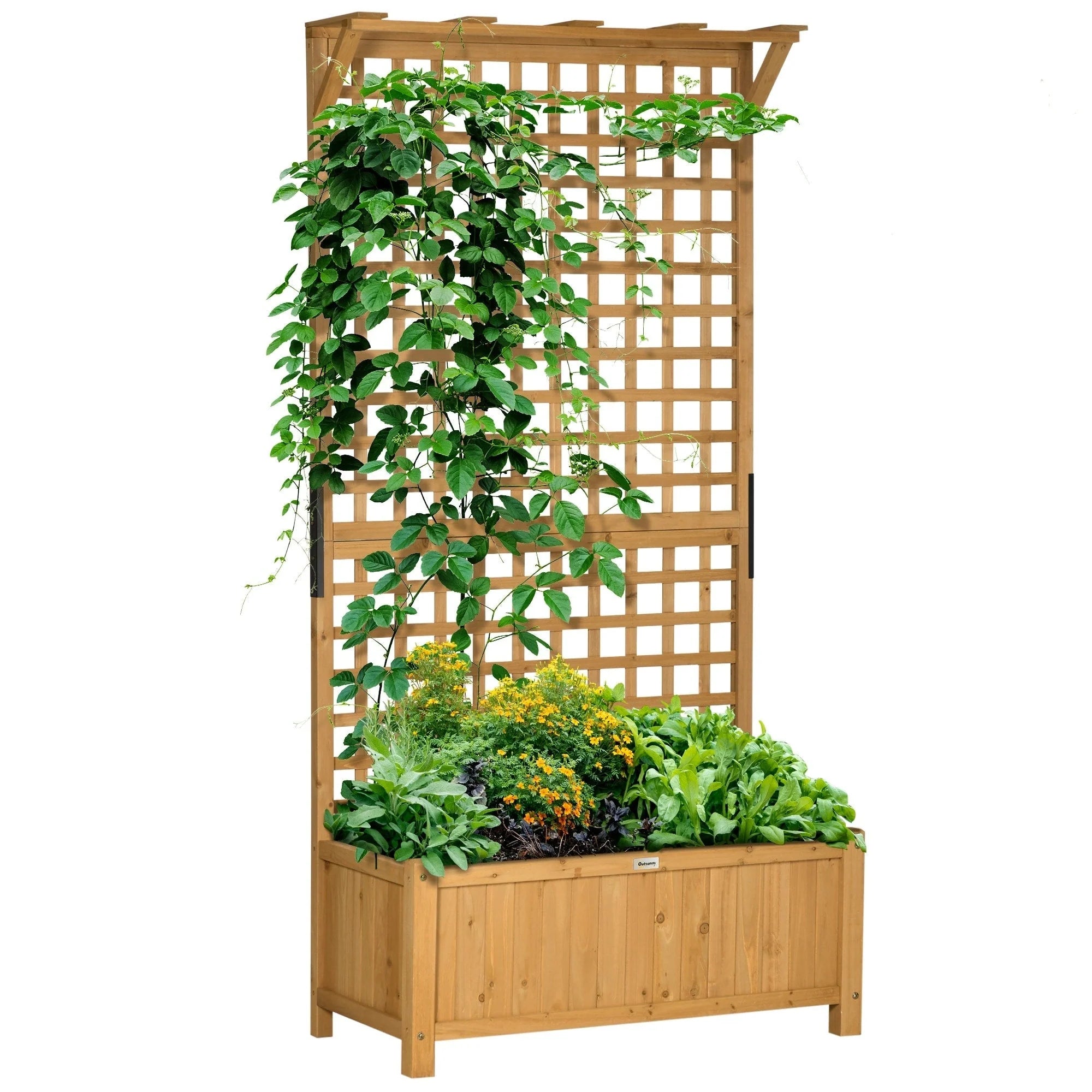 Jardinière en bois Outsunny avec treillis, lit de jardin surélevé pour plantes grimpantes avec trous de drainage et toit