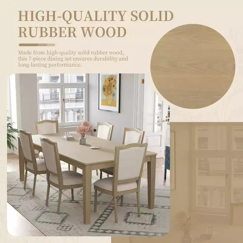Ensemble de salle à manger rustique extensible pour 6 personnes, table à manger rectangulaire 7 pièces avec 6 chaises rembourrées, ensemble de table de cuisine avec 2 tiroirs