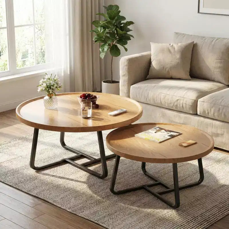 Ensemble de 2 tables basses gigognes rondes, style scandinave, petites tables basses et d'appoint pour salon, chambre à coucher, balcon