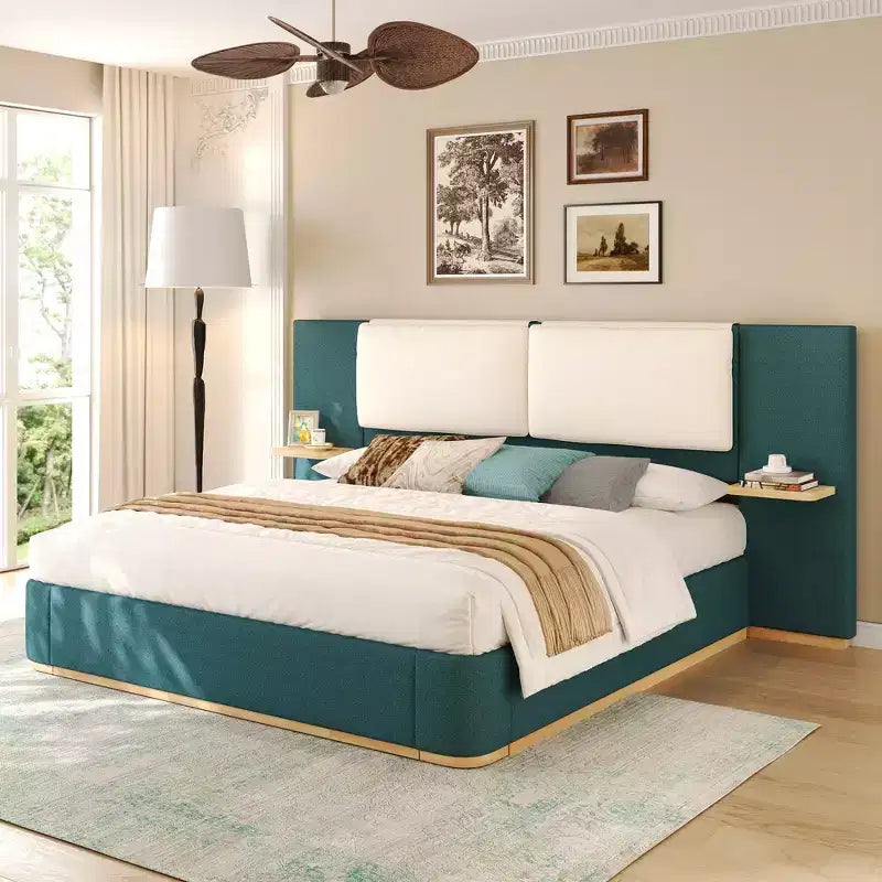 Cadre de lit plateforme capitonné Whisen King Size avec étagères de rangement latérales, tête de lit et panneau en PU doux, anti-collision, assemblage facile