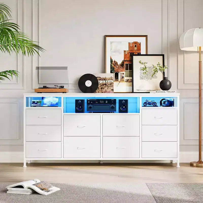 Commode noire de 160 cm pour chambre à coucher, commode à 10 tiroirs, meuble TV pour téléviseur de 65, 70, 75 pouces, commode en tissu avec lumières LED et prises de courant