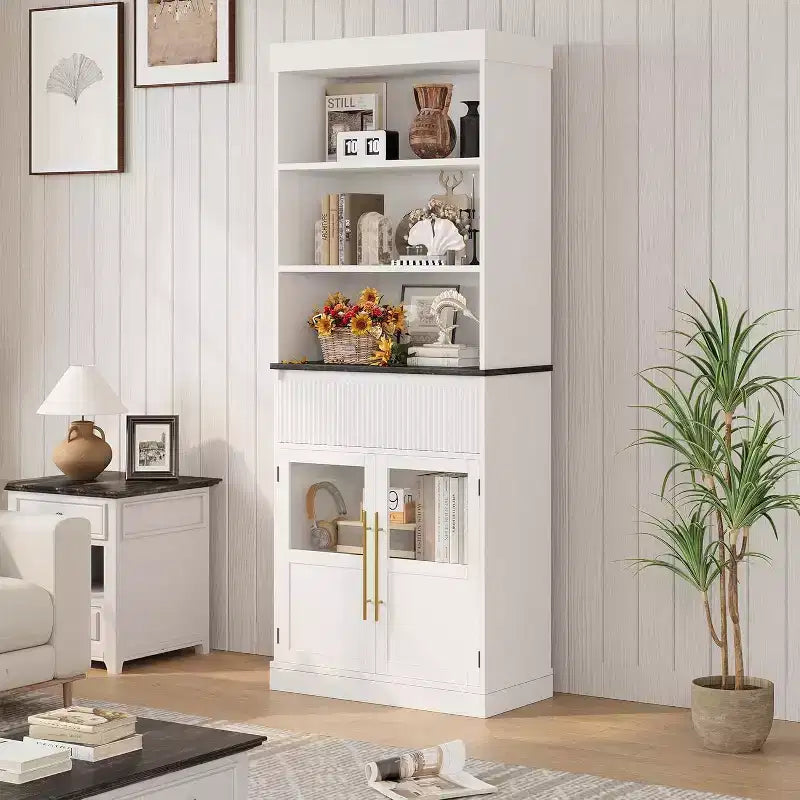 Élément haut de cuisine de 178 cm avec portes vitrées et tiroir - Rangement polyvalent pour le salon, le bureau, la salle à manger et l'entrée