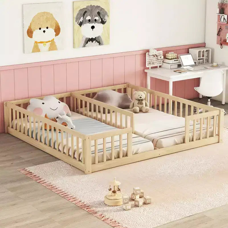 Lit double Bellemave avec barrières de sécurité, en pin et bois composite, naturel et gris, sûr, robuste, peu encombrant, assemblage facile pour enfants