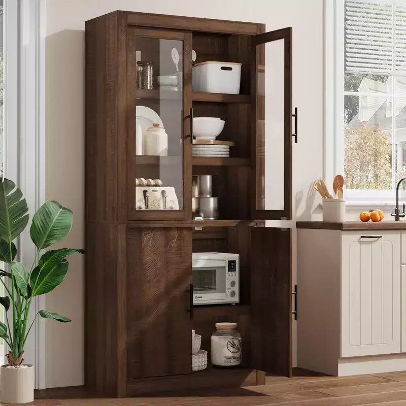 Grand garde-manger de cuisine en bois, armoire de rangement alimentaire autonome de style ferme avec 4 portes magnétiques, étagères réglables, grand rangement