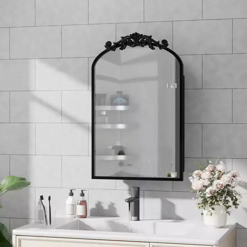Armoire à pharmacie en fer forgé doré de 19,5 x 29,64 pouces avec miroir, armoire de salle de bain avec miroir sculpté