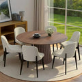 Ensemble table à manger ronde moderne PexFix 52 avec 6 chaises rembourrées Plateau en bois texturé noyer Base plissée Piètement Sièges beiges pour cuisine salle à manger