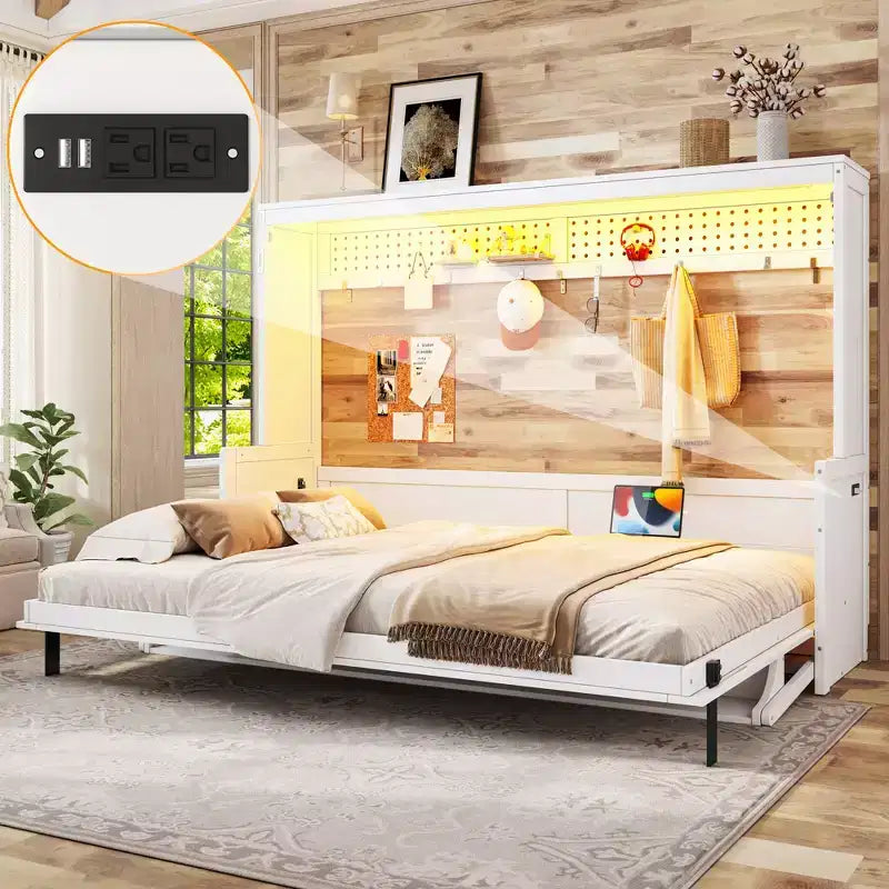 Lit escamotable Dalton en bois GDFStudio avec bureau intégré et station de charge USB