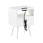 Table d'appoint en rotin de 39,9 cm avec prise de courant et ports USB, table de chevet moderne avec tiroir et pieds en bois massif, table d'appoint pour salon, chambre à coucher, blanc