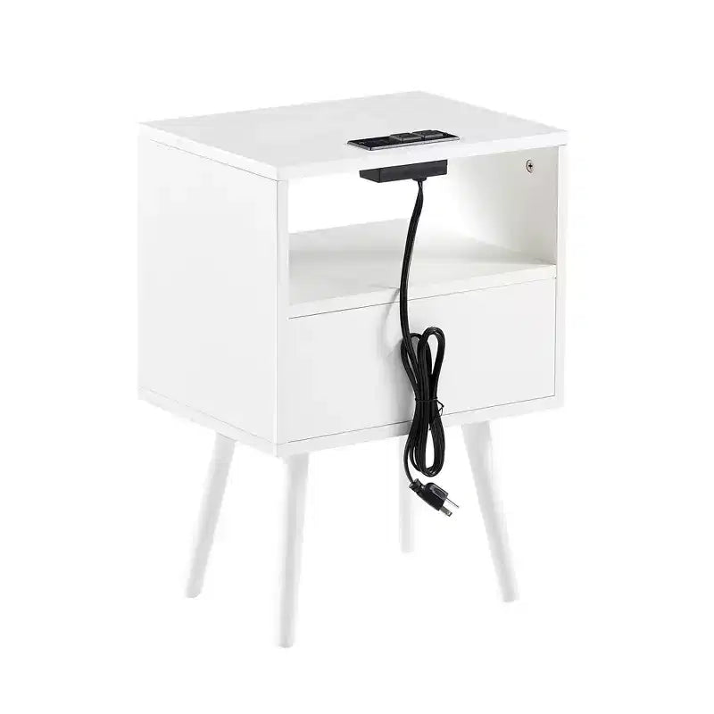 Table d'appoint en rotin de 39,9 cm avec prise de courant et ports USB, table de chevet moderne avec tiroir et pieds en bois massif, table d'appoint pour salon, chambre à coucher, blanc
