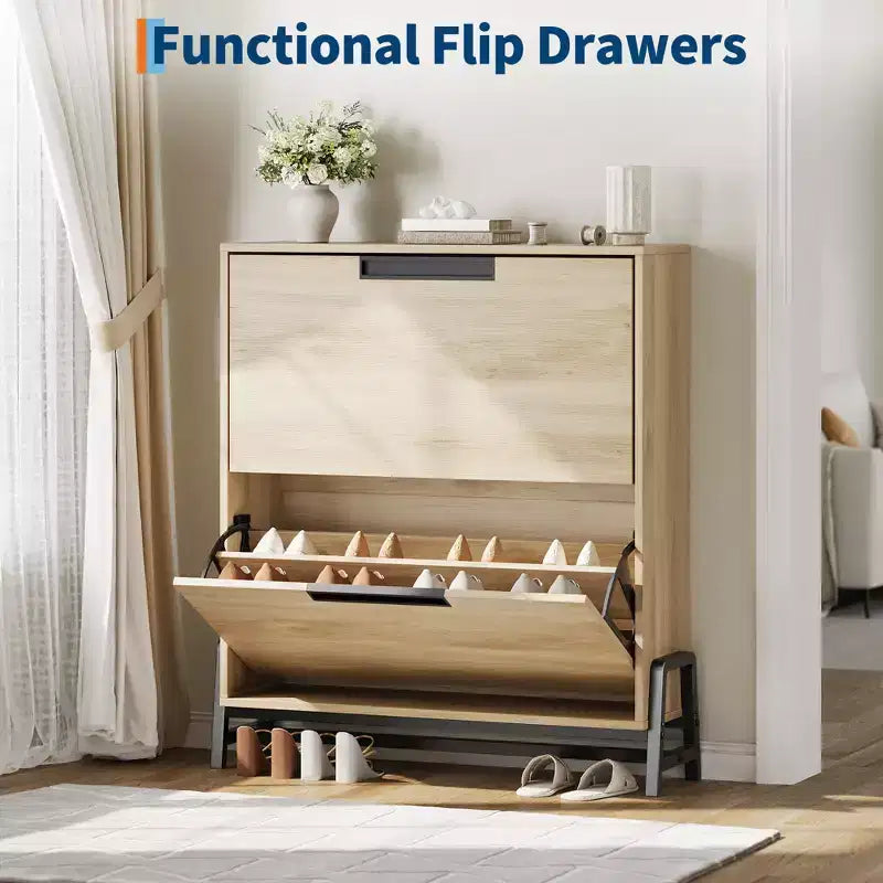 Meuble de rangement pour chaussures à 2 tiroirs basculants – avec pieds en métal, étagère réglable, organisateur de chaussures étroit pour entrée, foyer, couloir, salon