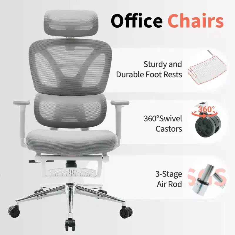 Chaise de bureau ergonomique en maille - Dossier haut, support lombaire réglable, appui-tête et repose-pieds rembourrés, siège large et respirant, chaise de bureau pivotante