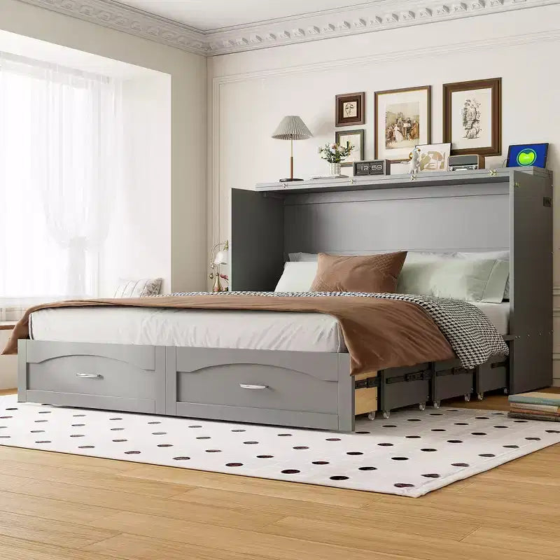 Lit escamotable Queen Size avec tiroirs, lit escamotable en bois avec prises et ports USB, conception de structure à poulie, gris