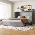 Lit escamotable Queen Size avec tiroirs, lit escamotable en bois avec prises et ports USB, conception de structure à poulie, gris