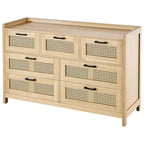 Commode 7 tiroirs en rotin VEVOR, commodes en bois de rotin naturel avec lumière LED, organisateur de vêtements et rangement de poitrine en bois moderne, commode bohème, couleur bois