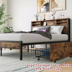 MAYEERTY Lit Plateforme Marron en Métal Taille Queen avec Cadre 4 Tiroirs de Rangement Tête de Lit en Bois Station de Recharge Pas de Sommier Tapissier Sans Bruit Assemblage Facile