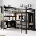 Lit mezzanine en métal double/grand format avec armoire et bureau en L, lit mezzanine robuste avec casiers de rangement et étagères, blanc/noir - ModernLuxe