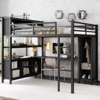 Lit mezzanine en métal double/grand format avec armoire et bureau en L, lit mezzanine robuste avec casiers de rangement et étagères, blanc/noir - ModernLuxe