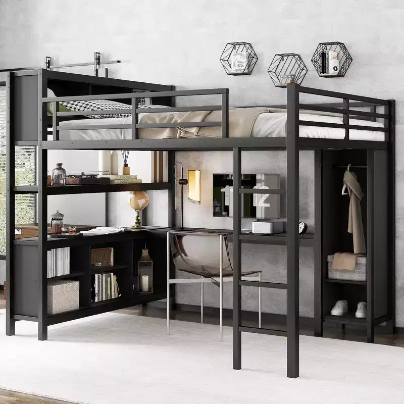 Lit mezzanine en métal double/grand format avec armoire et bureau en L, lit mezzanine robuste avec casiers de rangement et étagères, blanc/noir - ModernLuxe