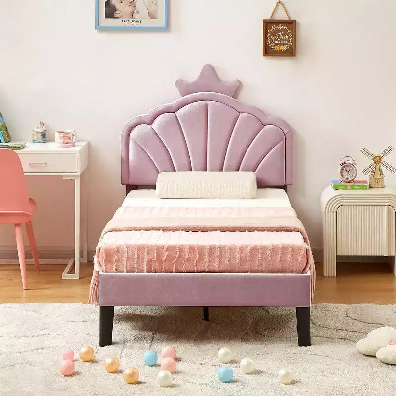 Cadre de lit enfant capitonné VECELO en forme de couronne, lit plateforme en bois avec tête de lit réglable, pas besoin de sommier tapissier
