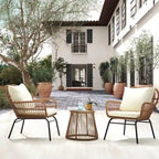 Ensemble de bistro 3 pièces pour terrasse, salon de jardin en rotin tressé avec table en verre et 2 fauteuils larges, coussins d'assise