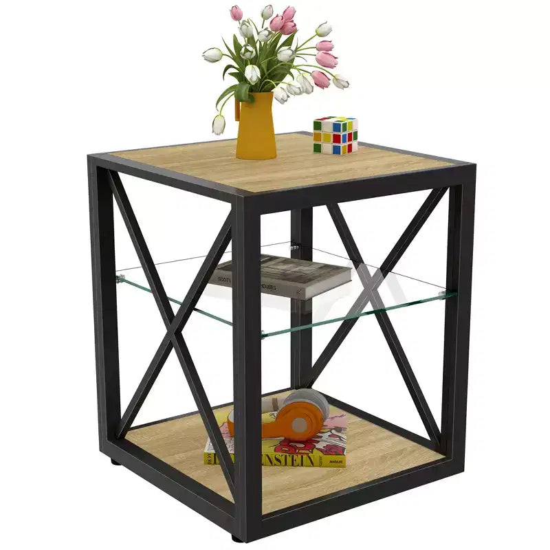 Lot de 2 tables d'appoint modernes avec tiroir - Tables de chevet en MDF grain de bois rustique et plateau en verre trempé pour chambre et salon