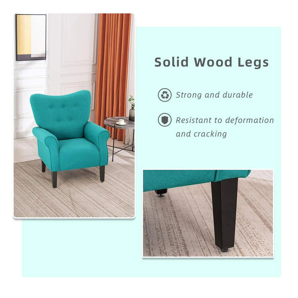 Fauteuil d'appoint moderne Erommy, fauteuil à dossier haut, canapé simple en tissu rembourré avec boutons et pieds en bois pour salon