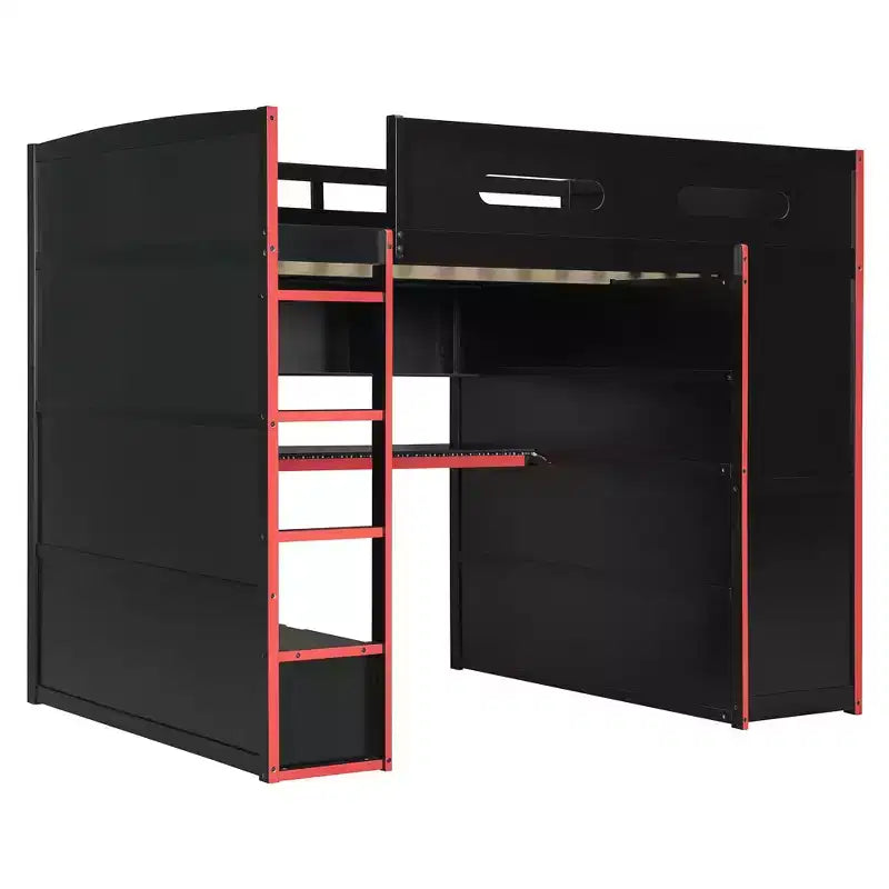 Lit mezzanine double Merax avec bureau, armoire, lumières LED RVB et port de chargement USB - Cadre noir élégant avec de multiples espaces de rangement pour les amateurs de jeux