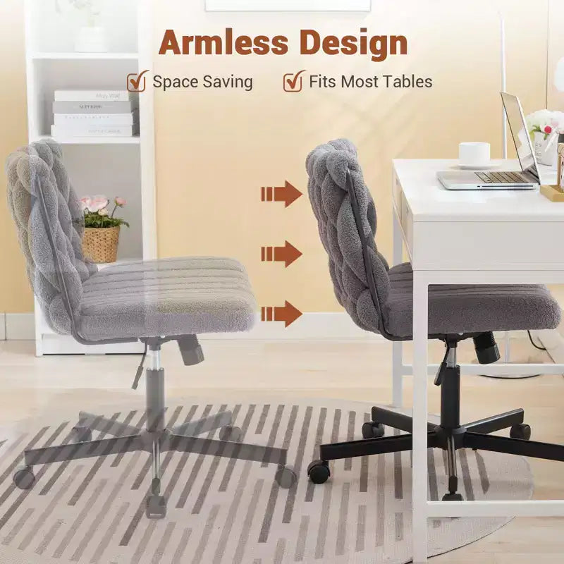 Chaise de bureau à roulettes, Chaise croisée en tissu gris, Chaise de bureau pivotante à roulettes, Chaise d'ordinateur à siège large, Chaise de vanité réglable en hauteur
