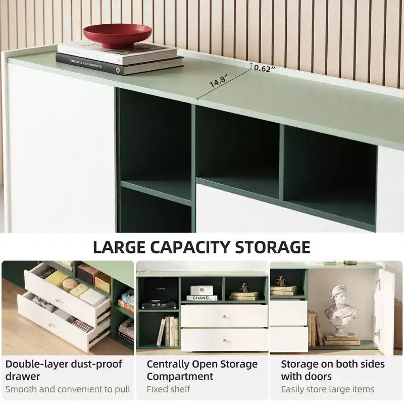 Meuble TV moderne Gaoyangjiaju 78,7 pouces, bloc de couleurs, pour téléviseur de 85 pouces, console média avec tiroirs et armoire de rangement pour salon, vert et blanc