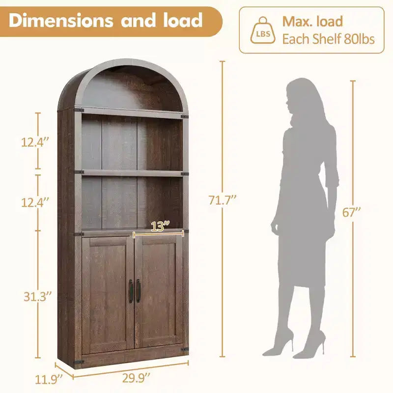 Bibliothèque avec portes Étagère cintrée 182 cm de haut Bibliothèque de style rustique avec étagères Bibliothèques en bois pour la maison, le bureau, le salon