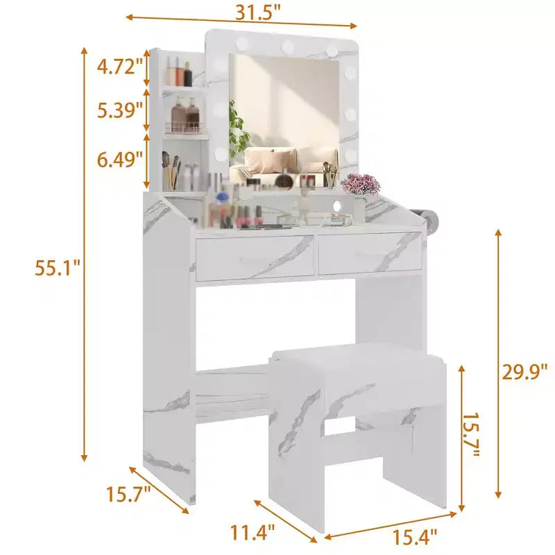 Coiffeuse de Maquillage avec Lumières, Bureau de Maquillage avec Miroir et Lumières, Grand Tiroir et Armoire de Rangement à Deux Étages, 3 Modes d'Éclairage