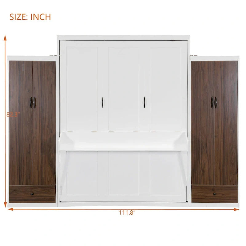 Lit escamotable mural avec armoire, tiroirs, éclairage LED et bureau