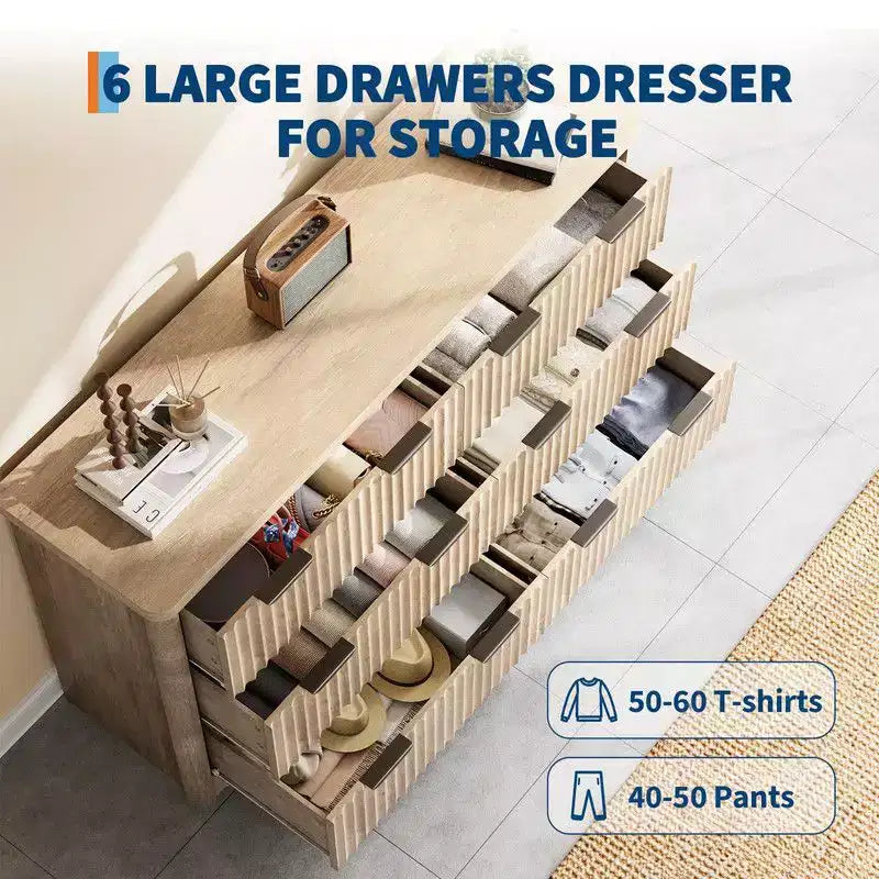 Commode 6 tiroirs cannelée, commode moderne en bois avec plateau en bois, armoire de rangement robuste pour vêtements de chambre à coucher