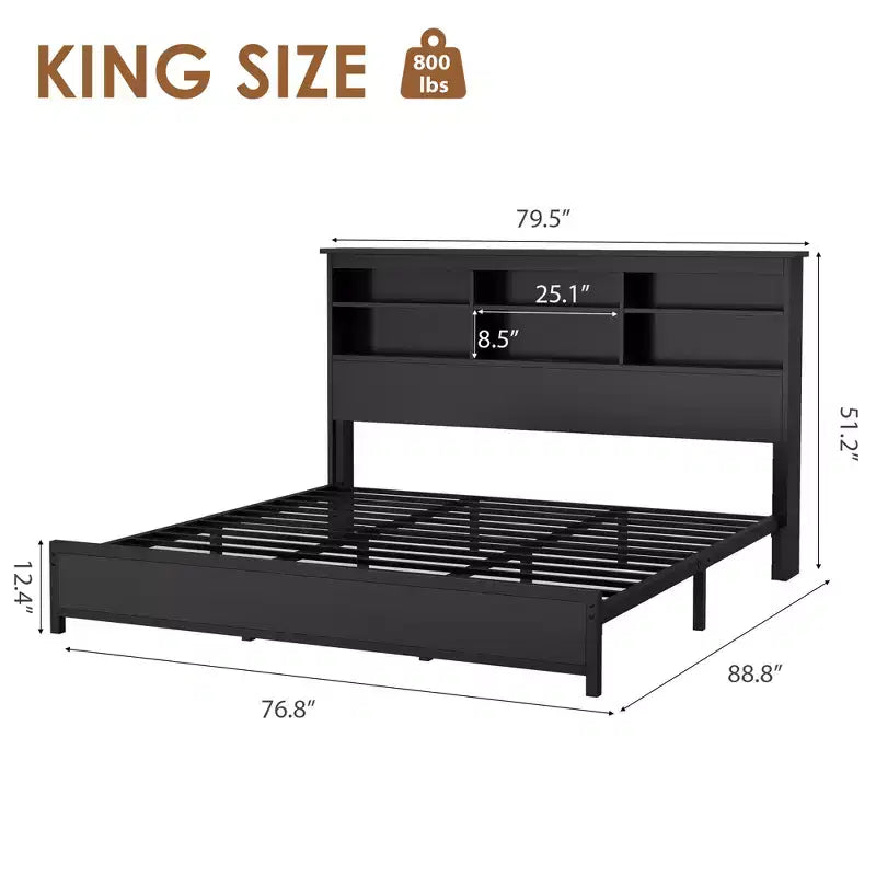 Cadre de lit King Size avec tête de lit bibliothèque, lit plateforme King Size avec rangement à 2 niveaux et station de recharge, aucun sommier tapissier requis, facile à monter, Noir