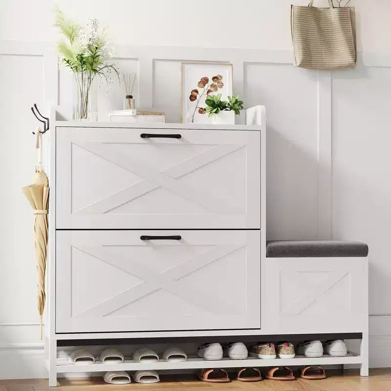 Meuble à chaussures avec banc, Meuble de rangement à chaussures étroit et mince de style rustique avec 2 tiroirs basculants pour entrée, salon, couloir