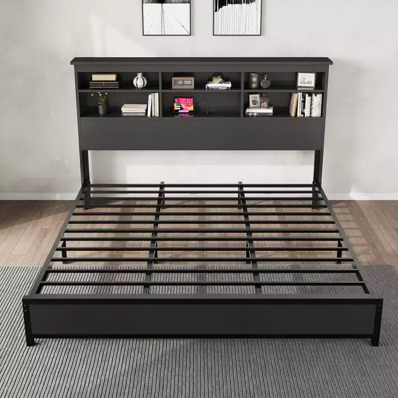 Cadre de lit King Size avec tête de lit bibliothèque, lit plateforme King Size avec rangement à 2 niveaux et station de recharge, aucun sommier tapissier requis, facile à monter, Noir