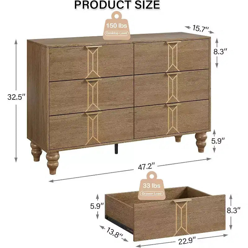 Commode en bois à 6 tiroirs au design vintage, commode moderne à tiroirs profonds pour chambre, salon, entrée