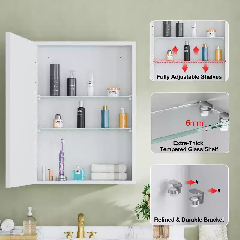 Armoire à pharmacie Elise avec miroir, armoire de salle de bain à montage en surface ou encastré, étagères réglables en verre trempé, réversible