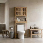 Meuble de rangement vertical en bambou GDFStudio Rhett à poser au-dessus des toilettes avec étagères réglables et portes à lattes