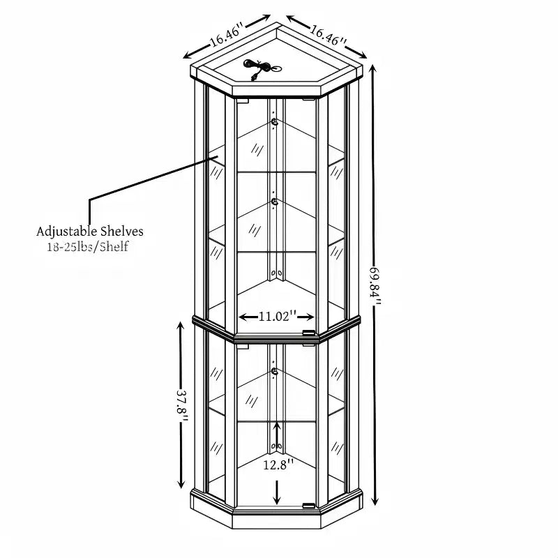 Vitrine d'angle éclairée avec étagères en verre réglables et dispositif anti-basculement pour collections d'antiquités