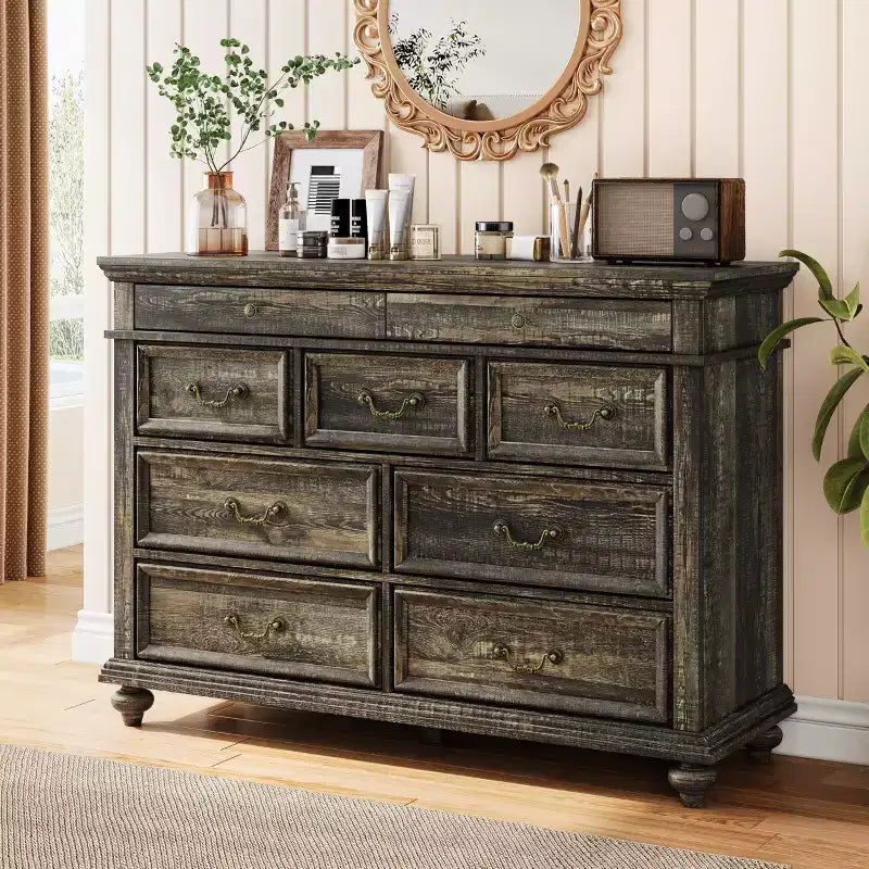 Commode de Ferme à 9 Tiroirs pour Chambre à Coucher, Large Commode Rustique en Bois de 47" avec 9 Tiroirs et Poignées en Métal, Grand Organiseur de Rangement