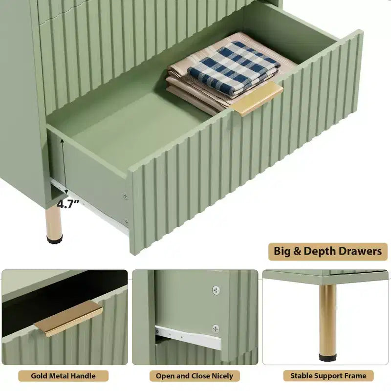 Commode moderne en bois de 122 cm de haut avec 5 tiroirs cannelés profonds et un large plateau pour chambre à coucher, salon, couloir, chambre d'enfant