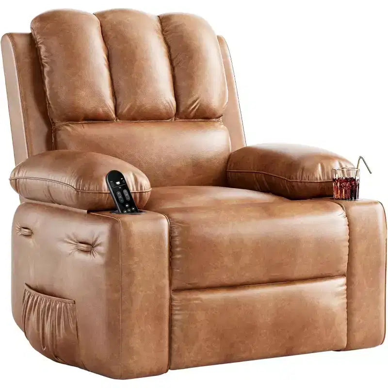 Fauteuil inclinable pivotant à bascule de 56 cm, inclinable paresseux en cuir PU avec éponge 1,5X, porte-gobelet et poches latérales, pivotant à 360° pour salon, chambre à coucher, chambre d'enfant