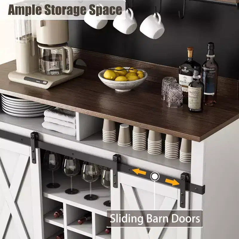 Meuble à café style ferme, 75 pouces de haut, buffet avec rangement, grand meuble de bar avec porte coulissante de style grange, salle à manger